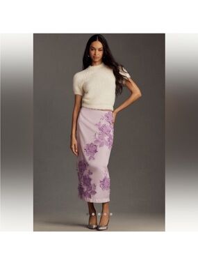 Maeve by anthropologie Lilac Embroidered Floral Midi Skirt